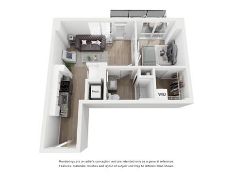 Floor plan for 1 bed, 1 bath, 519 sqft